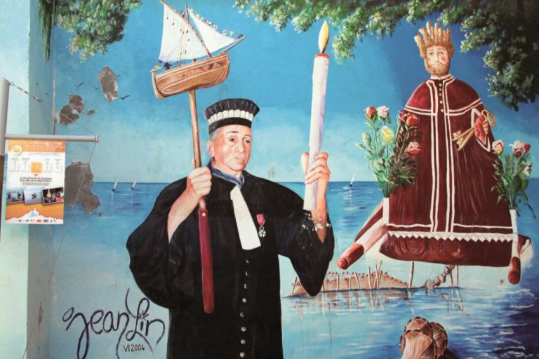 fresque naïve du premier prud’homme pêcheur devant Saint Pierre