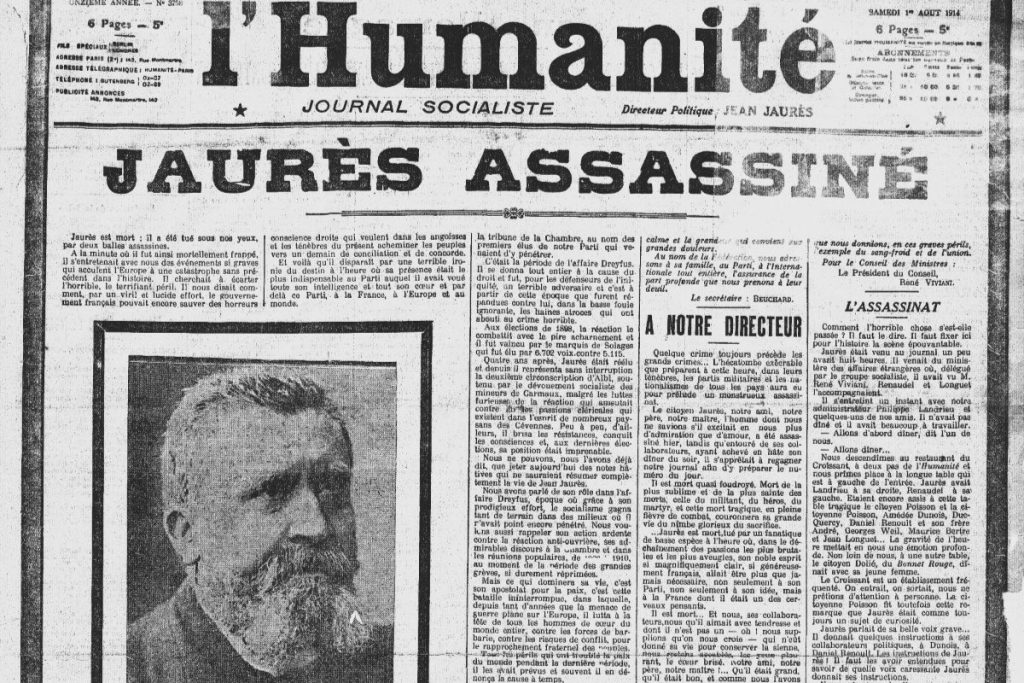 Une du journal l'Humanité du samedi 1er août 1914