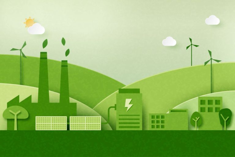 dessin en nuances de vert représentant un paysage vallonné parsemé d'industries. stocklib 613635618-M