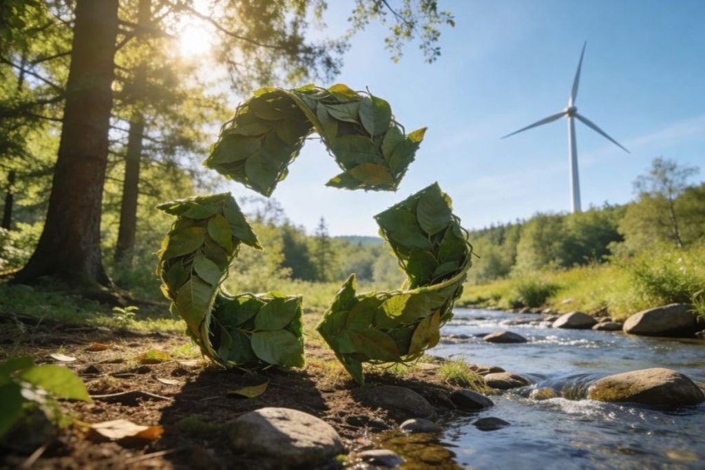 paysage représentant la biodiversité, l'air et l'eau, marqué par le symbole du recyclage. stocklib 297509348_m